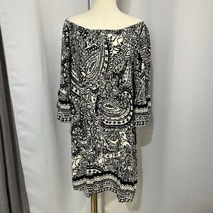 Umgee Women Sz XL Black White Paisley Off Shoulder Shift Dress Pockets Festival